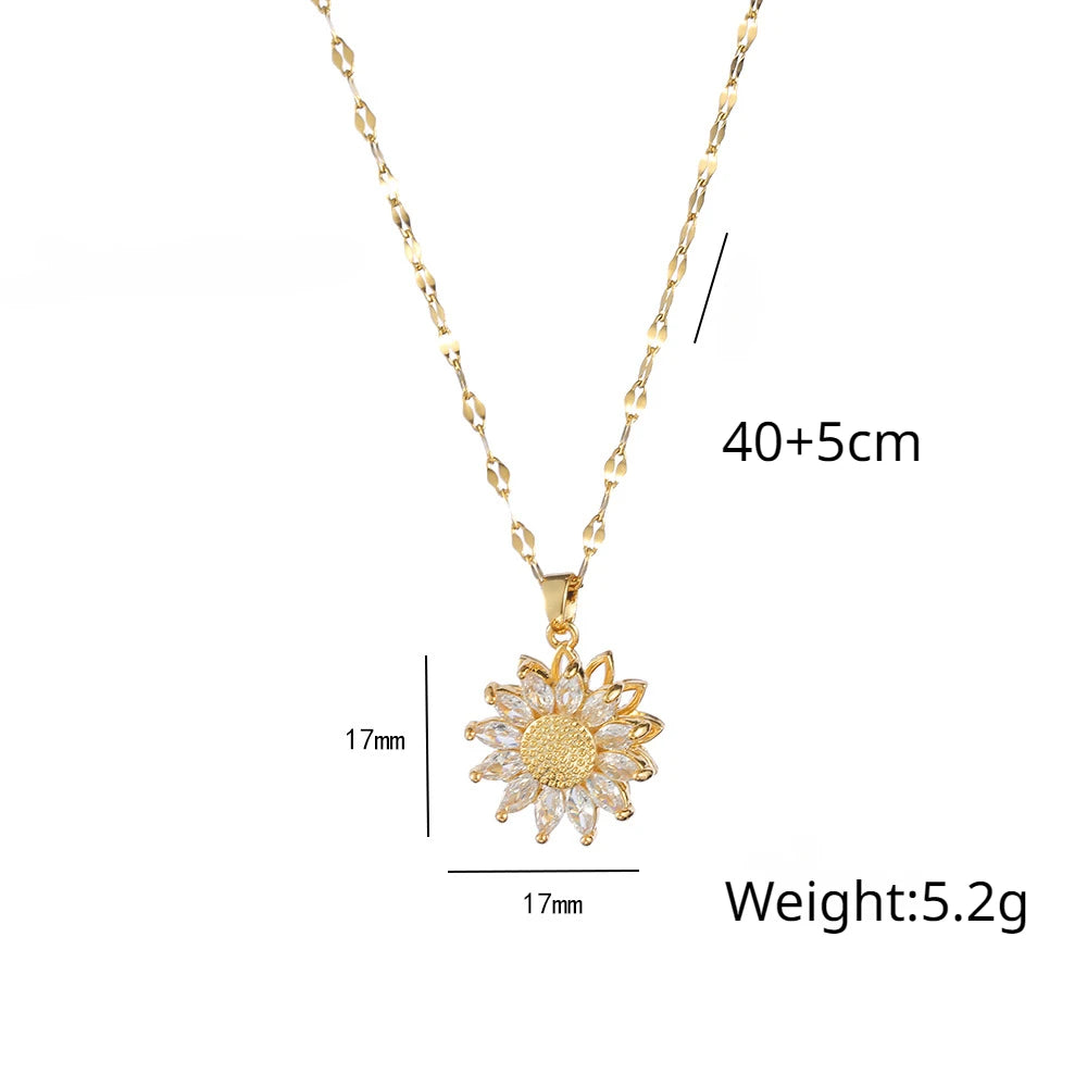 Shiny Rotatable Sunflower Daisy Pendant Necklaces for Women Girls Sweet Stainless Steel Chain Jewelry Accessories Gifts